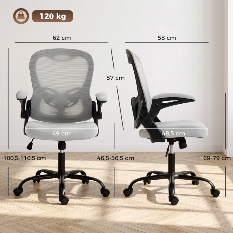 HOMCOM Silla de Oficina Ergonómica, Sillón de Oficina de Malla, Reposabrazos Abatibles, Altura Ajustable, Función de Balanceo, Gris
