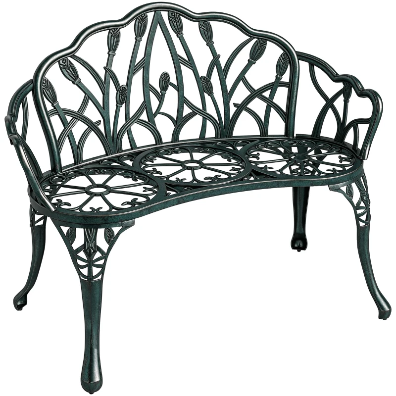 Outsunny Banc de jardin en aluminium moulé, banc extérieur 2 places avec dossier tulipe, assise florale, 99x57x78cm, vert antique