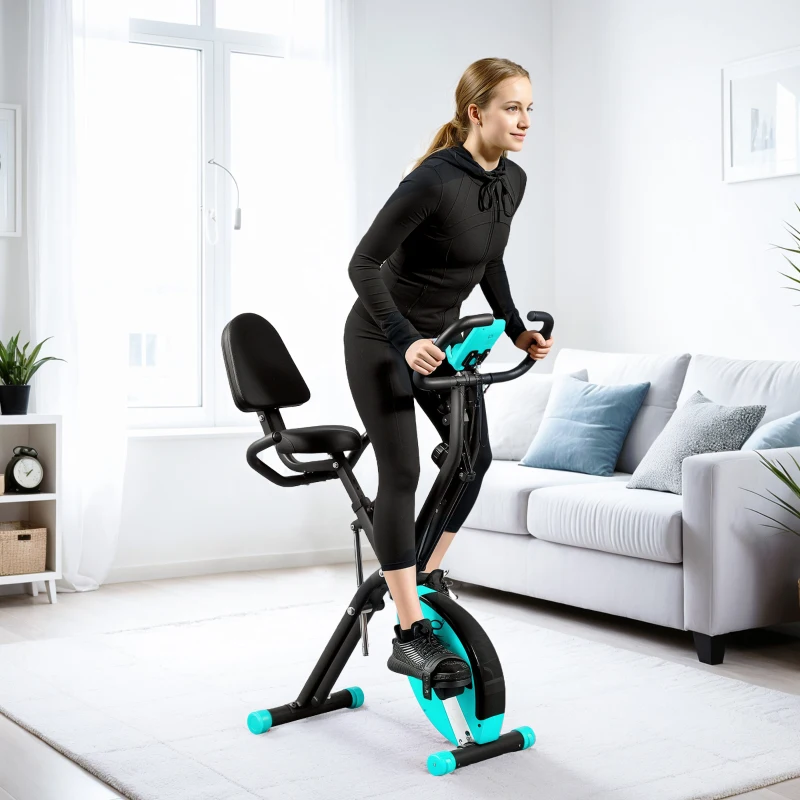 SPORTNOW Bicicleta Estática Dobrável com Resistência Magnética de 8 Níveis Encosto Volante Ecrã LCD e Banda de Resistência 43x97x109 cm Verde