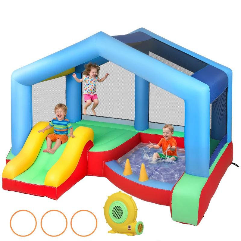 AIYAPLAY Château gonflable 4 en 1, aire de jeux avec souffleur, toboggan, piscine à balles, jeu de lancer d'anneaux, multicolore