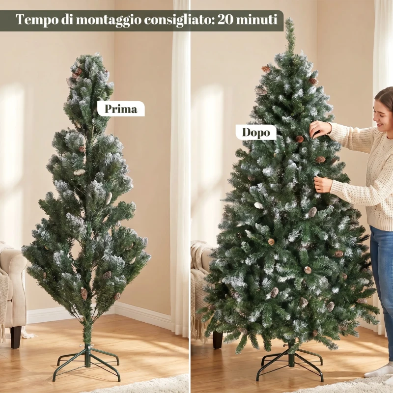 HOMCOM Albero di Natale Innevato Alto 180 cm con 910 Rami e Pigne, Base in Metallo Pieghevole, Verde