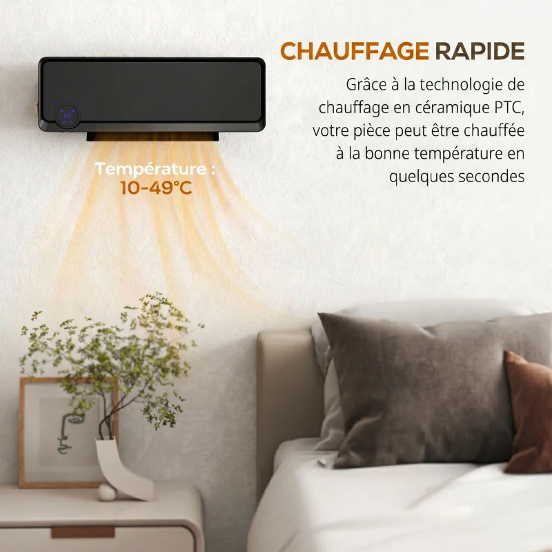 HOMCOM Radiateur Mural Soufflant Oscillant 2000 W, Chauffage Céramique PTC, 3 Niveaux de Puissance, 56x11,7x18,5cm, Noir