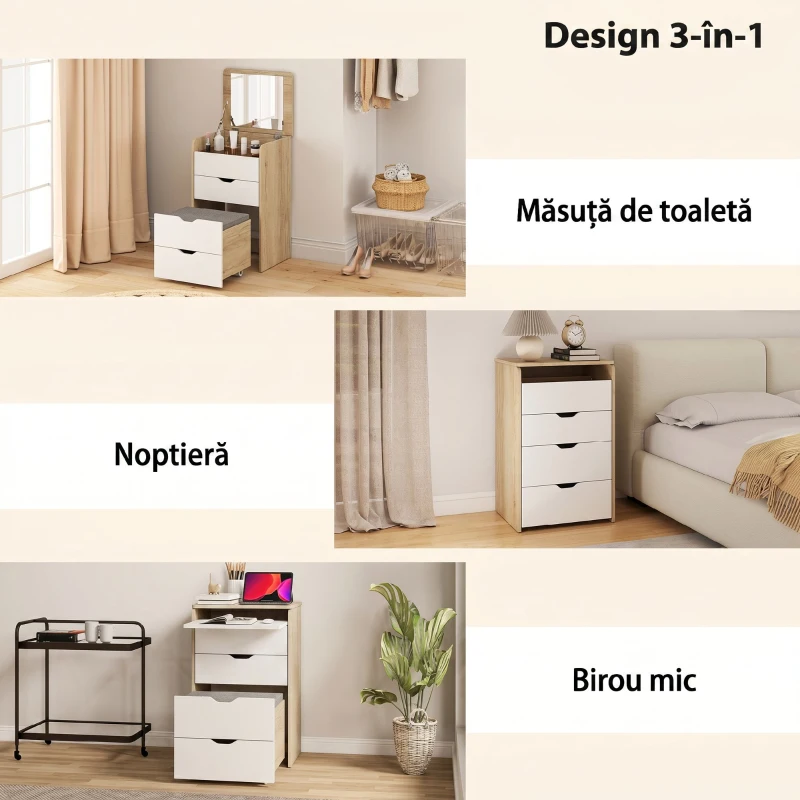 HOMCOM Măsuță de Toaletă cu Oglindă Rabatabilă și Scaun, Compactă, Stejar și Alb