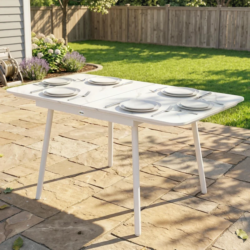 Outsunny Table de Jardin Rectangulaire pour 4-6 Personnes, Plateau en WPC et Cadre en Métal, Pieds Réglables, 140x80x75cm, Blanc