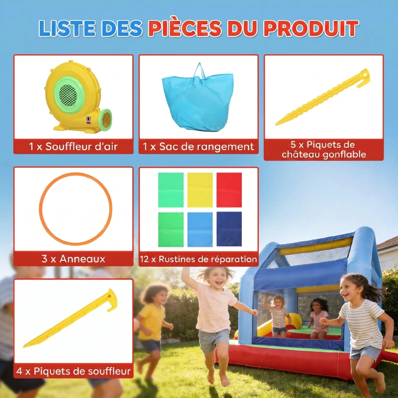 AIYAPLAY Château gonflable 4 en 1, aire de jeux avec souffleur, toboggan, piscine à balles, jeu de lancer d'anneaux, multicolore