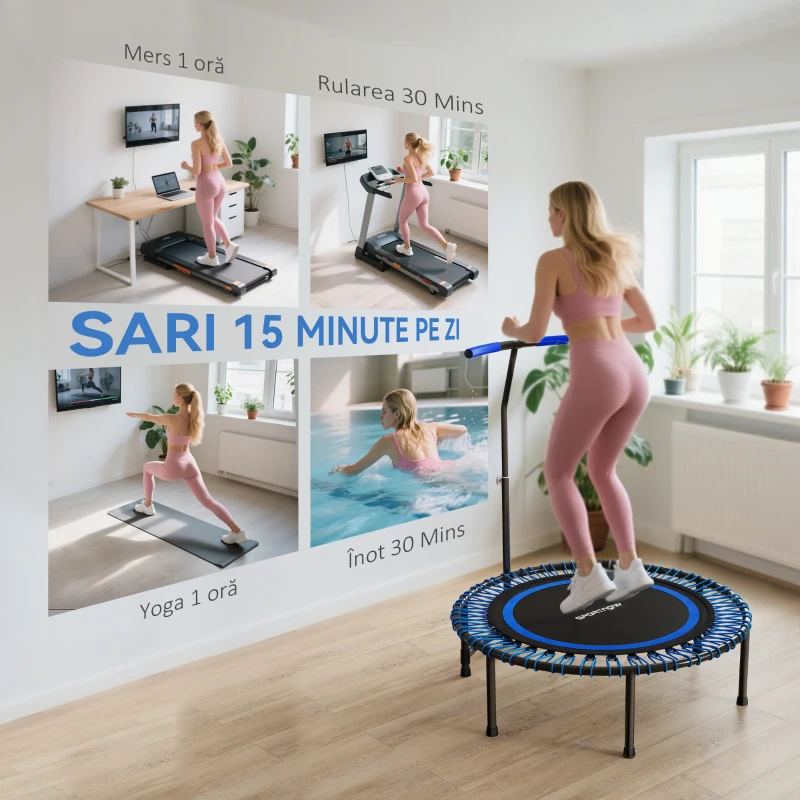 SPORTNOW Trambulină Fitness Ø145 cm cu Ghidon Reglabil pe 5 Poziții, 36 Arcuri Bungee și Capacitate 200 kg, Albastru