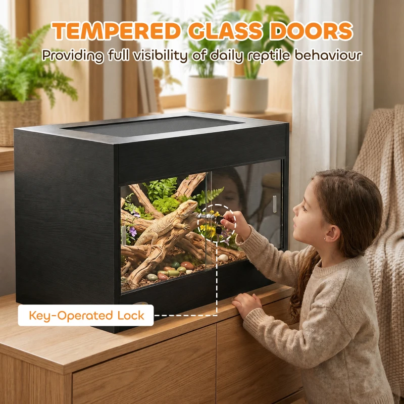 PawHut Reptile Terrarium, Reptile Vivarium with  Glass Doors, Secure Lock, Top Ventilation for Snake, Gecko, 60x45x45cm, Black
