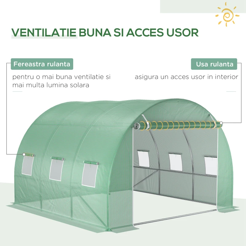 Outsunny Folie pentru Sera din PE cu 6 Ferestre, Ușă Rulabilă și Margini Îngropate, 3x3x2 m, Verde
