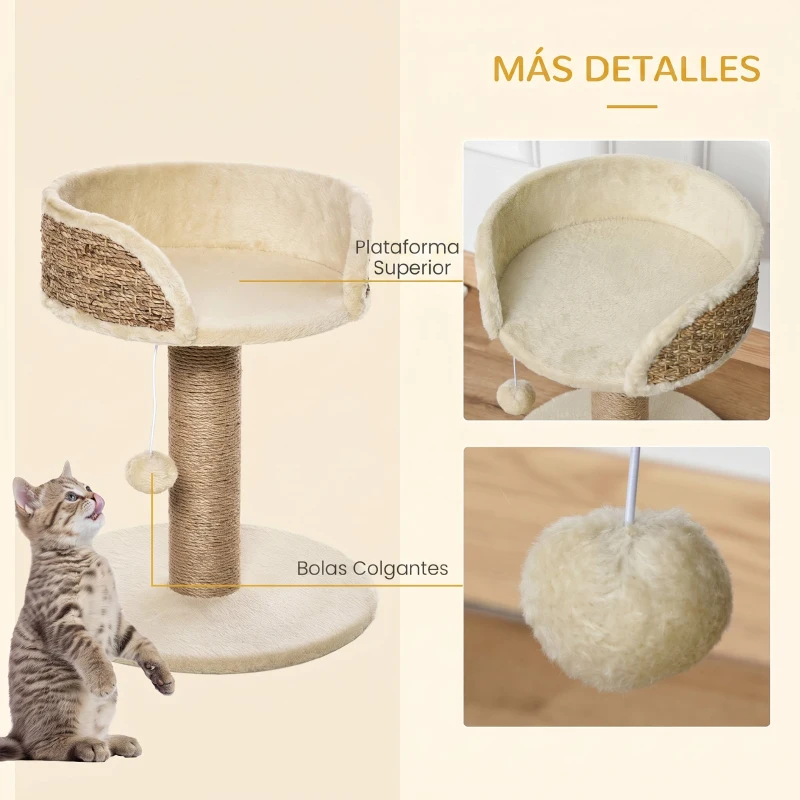 PawHut Árbol Rascador para Gatos Pequeño 49 cm Torre para Gatos con Poste de Yute Cama y Bola Colgante 40x40x49 cm Café