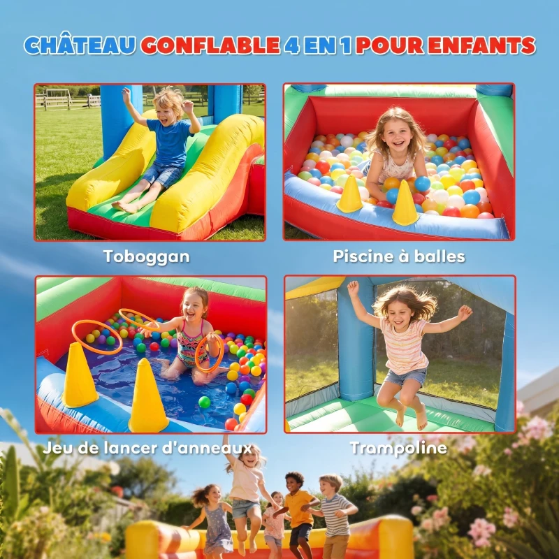 AIYAPLAY Château gonflable 4 en 1, aire de jeux avec souffleur, toboggan, piscine à balles, jeu de lancer d'anneaux, multicolore