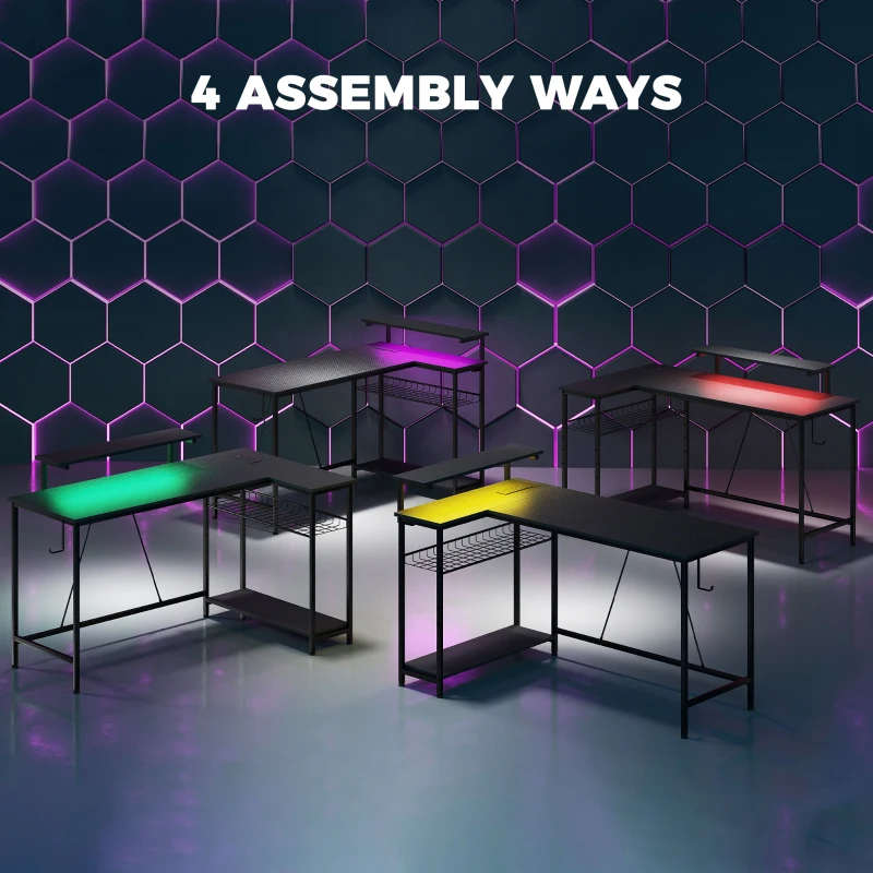 HOMCOM Reversible 'L' LED Light Gaming/Work Desk - Black