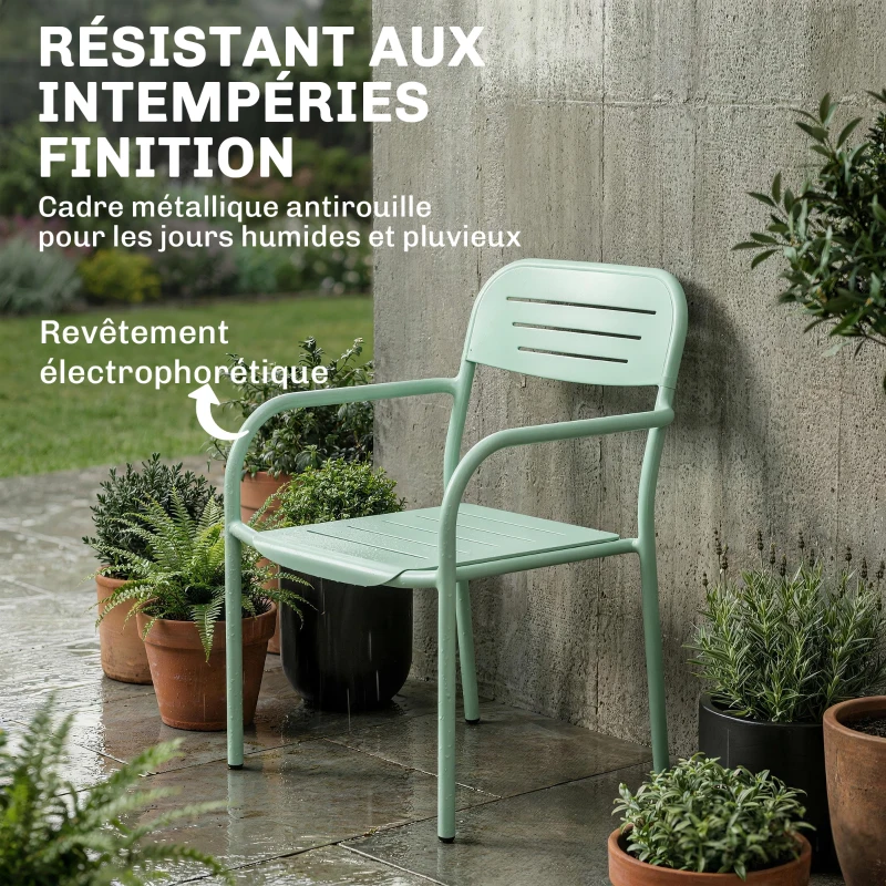 Outsunny Lot de 2 Chaises de Jardin Salon de Jardin Empilable Résistant aux Intempéries avec Accoudoirs 56x58x78cm Vert