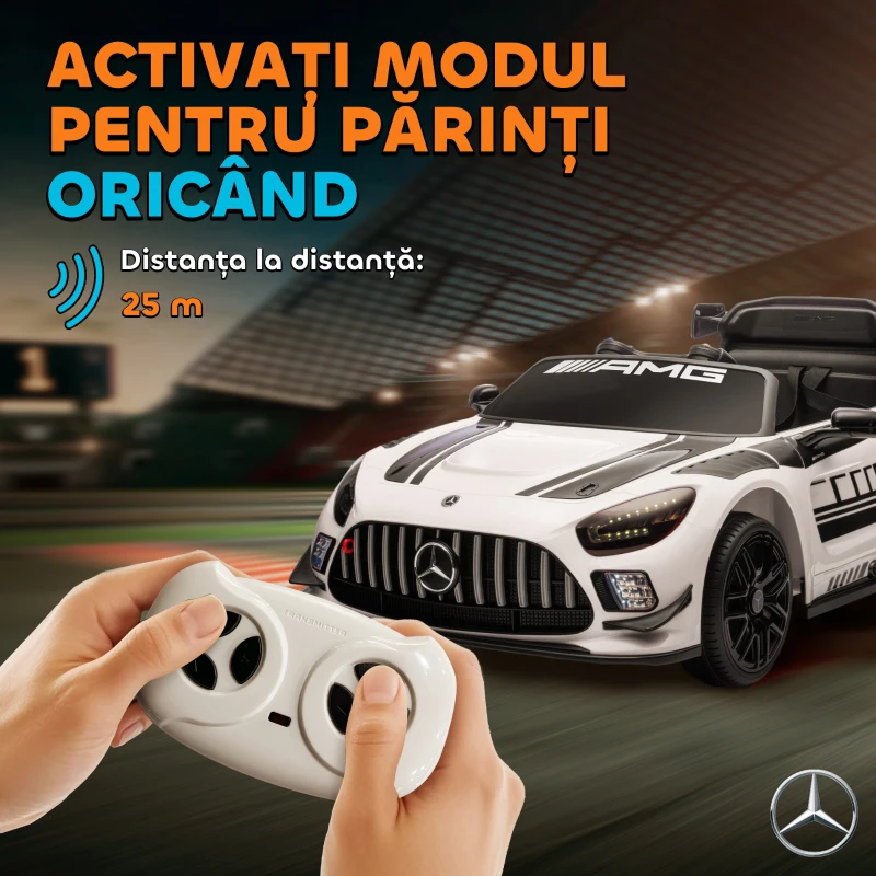 AIYAPLAY Auto Electric pentru Copii de 3-8 Ani Mercedes-AMG 12V cu Telecomandă, Faruri LED, Roți pentru Transport, Alb