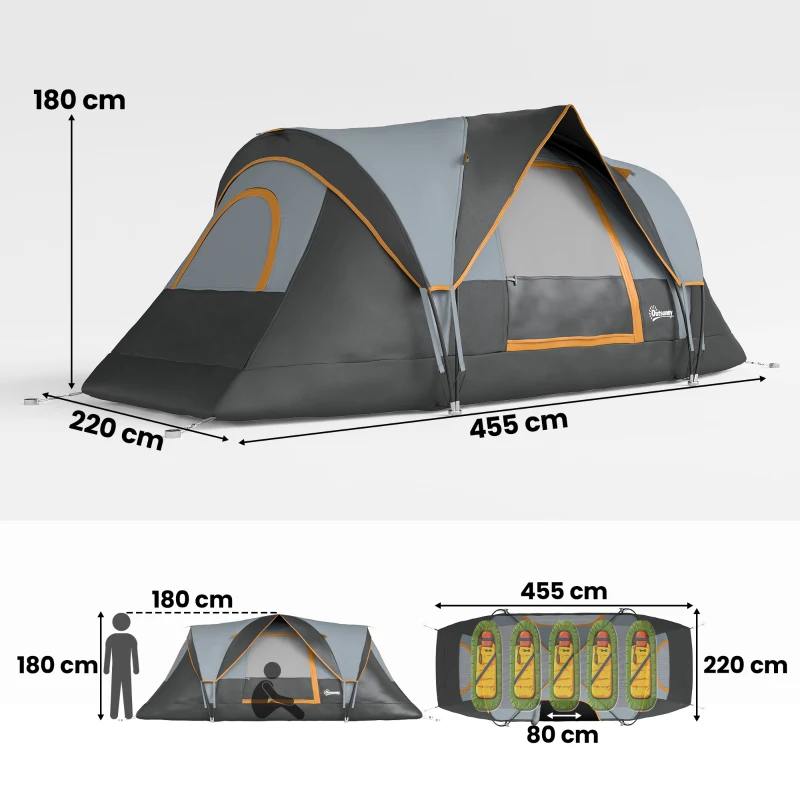 Outsunny 5 Man Camping Tent, Large Tunnel Tent, Water Resistant Hiking Shelter with Groundsheet and Carry Bag, Black