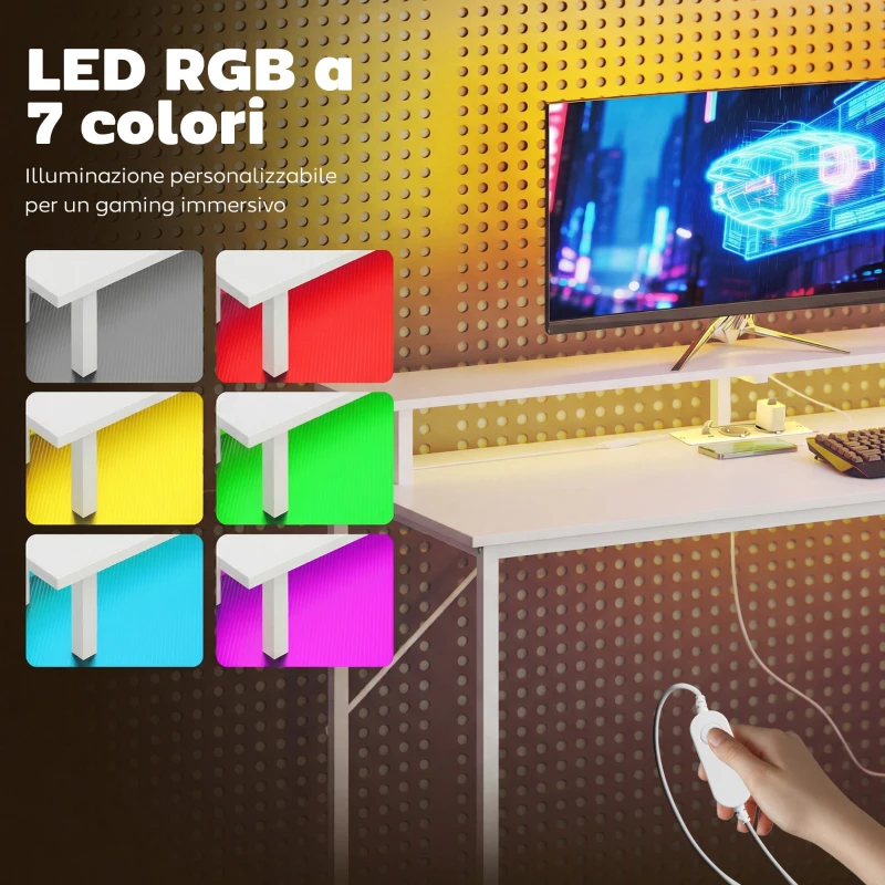 HOMCOM Scrivania Gaming 147 cm, Tavolo per Computer con Supporto CPU Regolabile e Reversibile, Luci RGB, Prese di Alimentazione, Porte USB e USB-C, Supporto Monitor e 3 Cassetti in Tessuto, Bianco