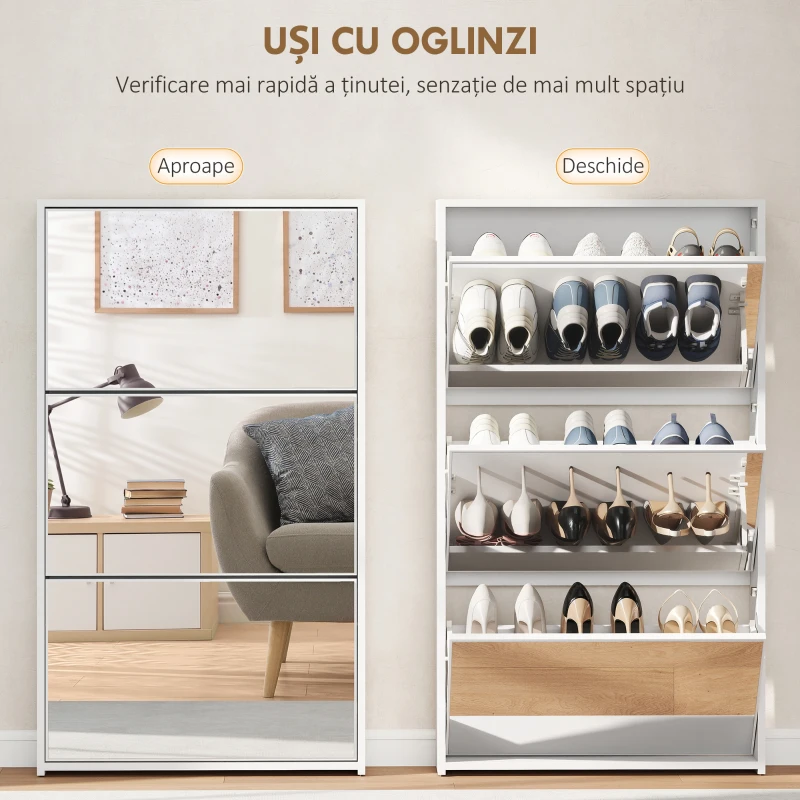 HOMCOM Scarpieră cu Oglindă și 3 Sertare Rabatabile pentru 9 Perechi de Pantofi, din Lemn, 65x17x114.5 cm, Alb