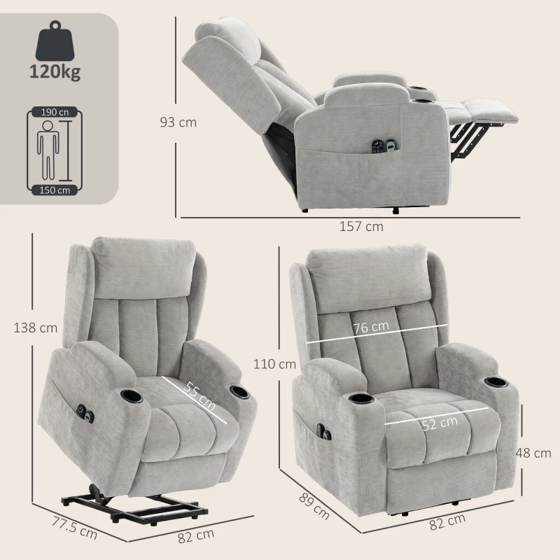 HOMCOM Fotoliu Ridicător Electric cu Masaj și Încălzire, Fotoliu Relax Electric din Chenille, Tetieră Rabatabilă, Gri Deschis