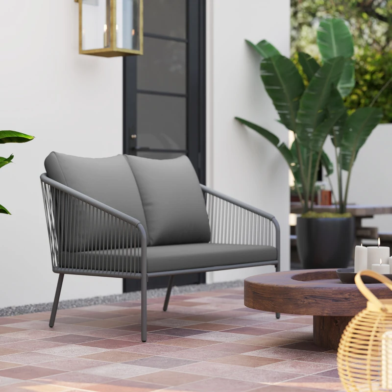 Outsunny Canapé de jardin 2 places en résine tressée avec coussins canapé d'extérieur accoudoirs cadre en acier 112x72x76cm gris