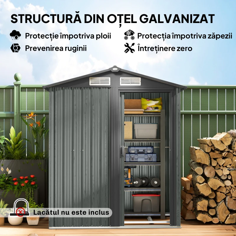 Outsunny Magazie de Grădină pentru Unelte din Oțel cu Acoperiș Înclinat și 4 Guri de Aerisire, 152x132x188 cm, Gri