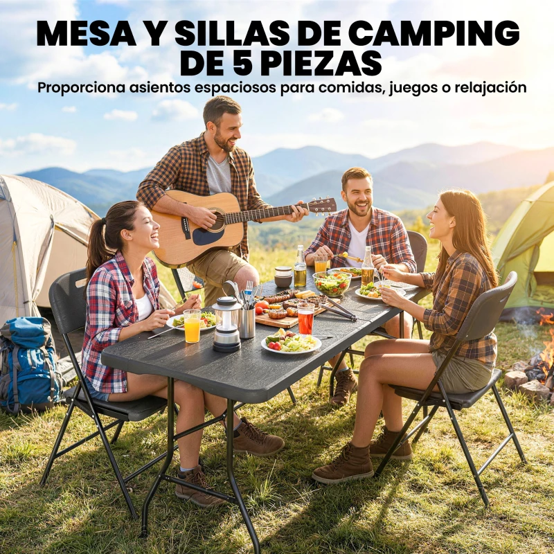 Outsunny Conjunto de Camping Plegable de 5 Piezas Mesa Plegable Camping con Sillas Tapa Impermeable HDPE y Marco de Metal