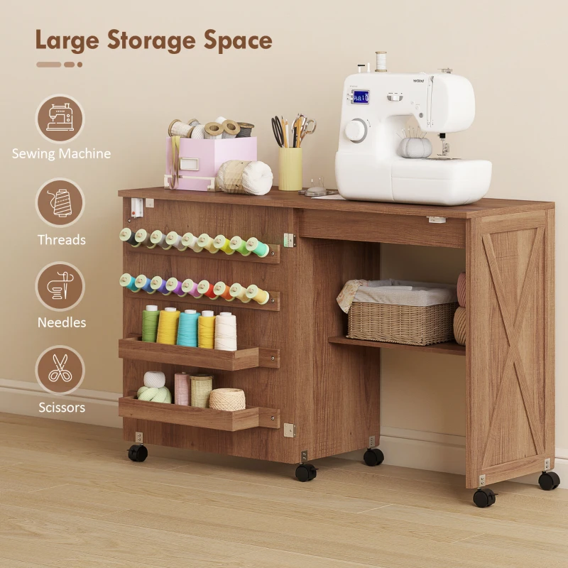 HOMCOM Folding Sewing Table, Rolling Craft Table with Storage compartments, Shelf and Lockable Casters for Small Spaces, Brown