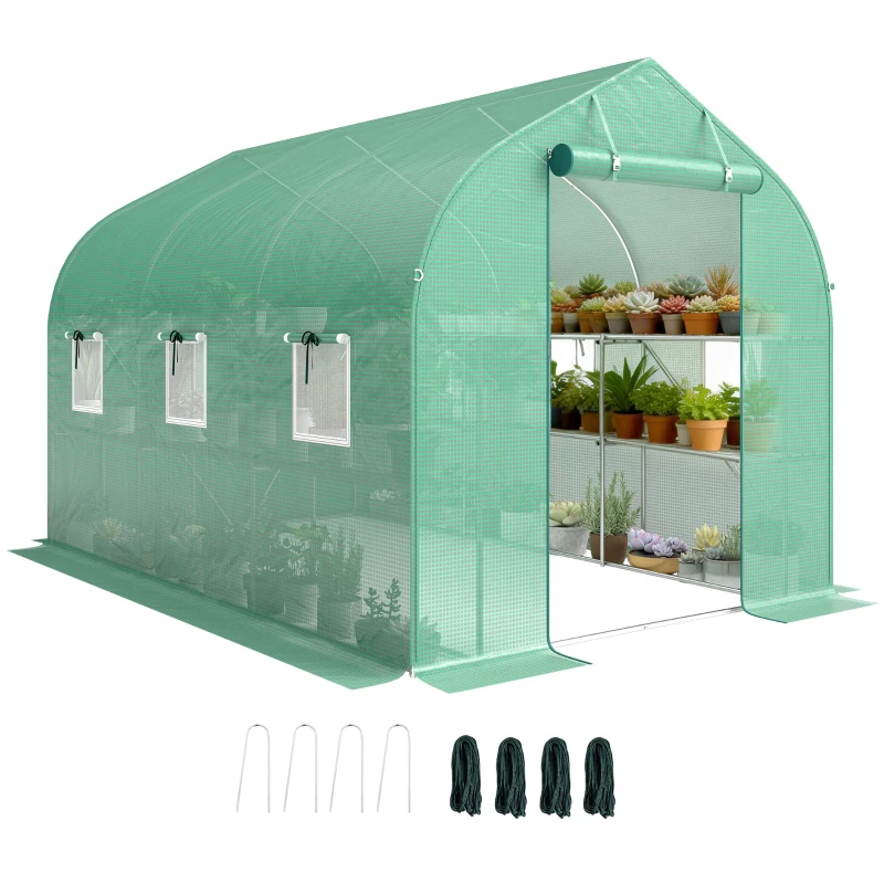 Outsunny Serre tunnel de jardin 6m², serre de jardin avec étagères, porte et 6 fenêtres, cadre en acier galvanisé, vert