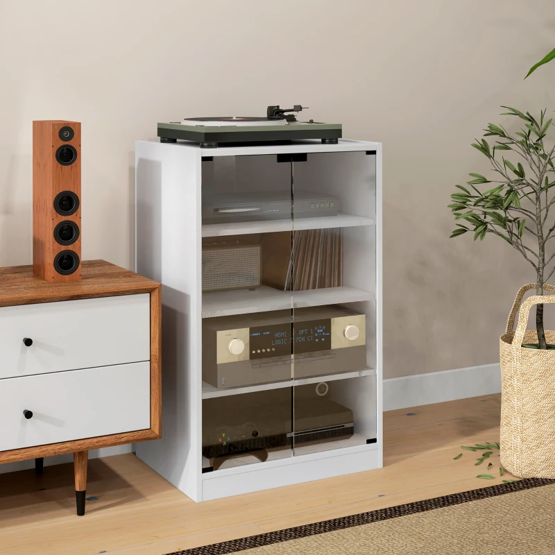 HOMCOM 4-Tier Hi-Fi Stand,  Record Player Stand with Adjustable Shelves and Push-to-Open Glass Doors, White Wood-Effect