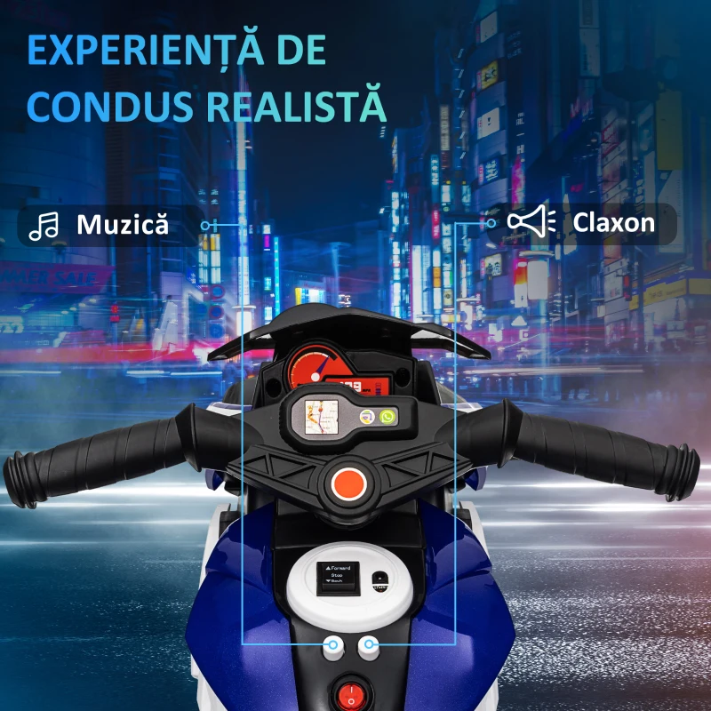 HOMCOM Motocicletă Electrică pentru Copii 3-5 Ani Max. 25kg cu Lumini, Muzică, Baterie 6V și Viteză 3km/h, 86x42x52 cm, Albastră