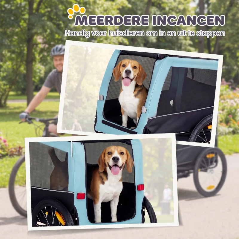 PawHut Inklapbare hondenfietskar met veiligheidsreflectoren, lijn, voor middelgrote honden tot 20 kg, 143 x 70 x 90 cm, lichtblauw