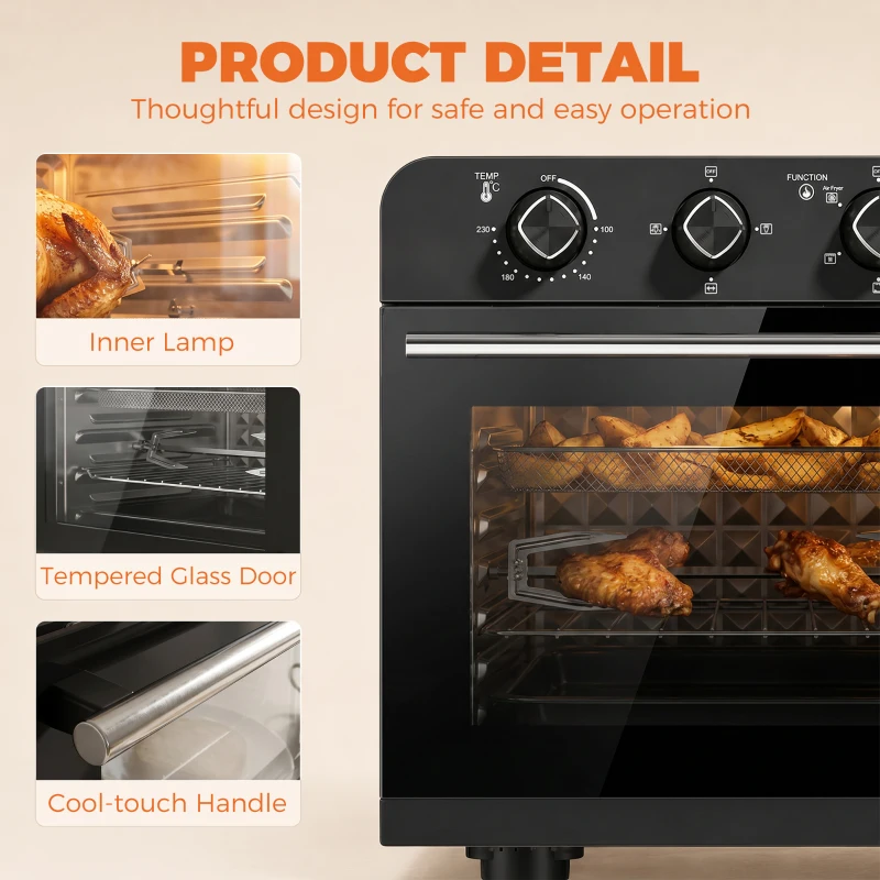 HOMCOM Friteuse à Air Chaud 36L, Four à Air Chaud 1800 W avec Rôtissoire, Plaque de Cuisson, Panier de Friture et Grille, Noir