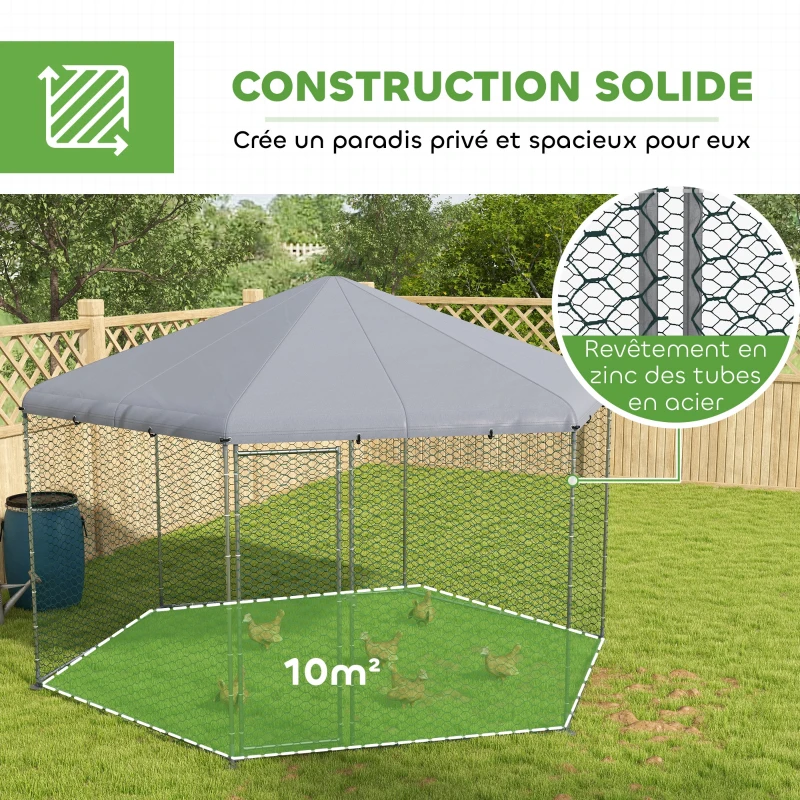 PawHut Enclos poulailler extérieur 10 m² parc grillagé 400 x 346 x 263 cm - espace couvert - 10-15 poules