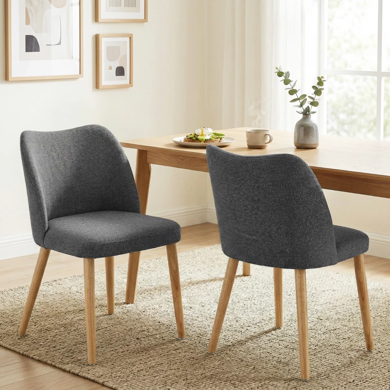 HOMCOM Pack de 2 Sillas de Cocina Nórdicas Tapizadas de Lino Respaldo Curvo Asiento Acolchado Patas de Madera Gris Claro
