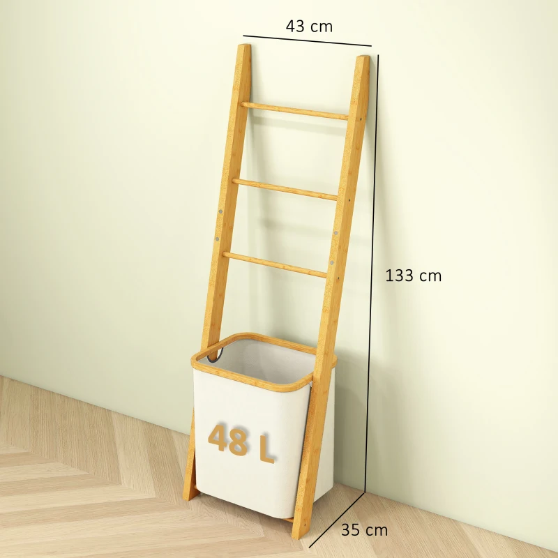 HOMCOM Estantería para Baño de Bambú Toallero de Pie con 3 Barras Cesto para Ropa Sucia Extraíble de 48 L Crema