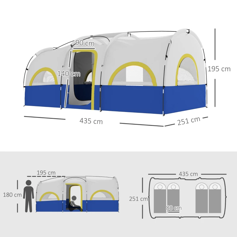 Outsunny Tienda de Campaña Familiar para 4 Personas Impermeable con Dormitorios Independientes 435x251x195 cm Azul y Blanco