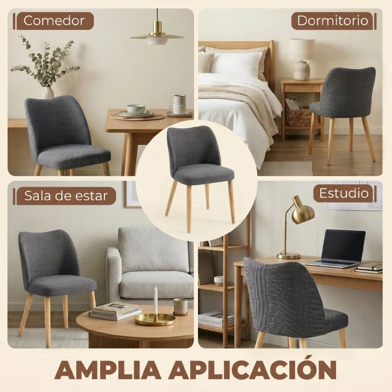 HOMCOM Pack de 2 Sillas de Cocina Nórdicas Tapizadas de Lino Respaldo Curvo Asiento Acolchado Patas de Madera Gris Claro