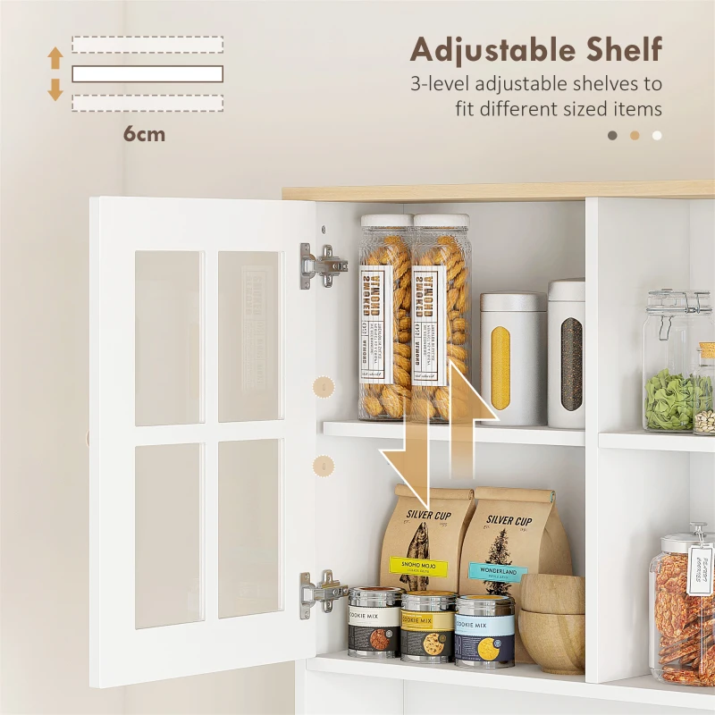 HOMCOM Freestanding Kitchen Cupboard, Tall Storage Cabinet with Doors and Adjustable Shelves, Counter Top, Grid Glass Doors, 80L x 37W x 183H cm - White