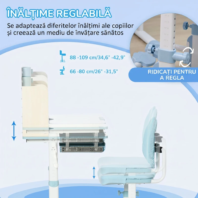 HOMCOM Set de birou si scaun cu inaltime reglabila Birou de scriere pentru copii masa de studiu pentru scoala cu raft, sertar, suport pentru stilouri, albastru(m-4)