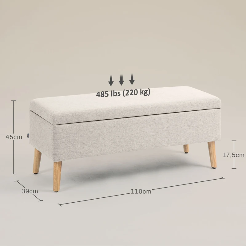 HOMCOM Banc coffre rangement rembourré aspect lin pour chambre à coucher, entrée, salon, charge 220 Kg, 110 x 39 x 45 cm, beige