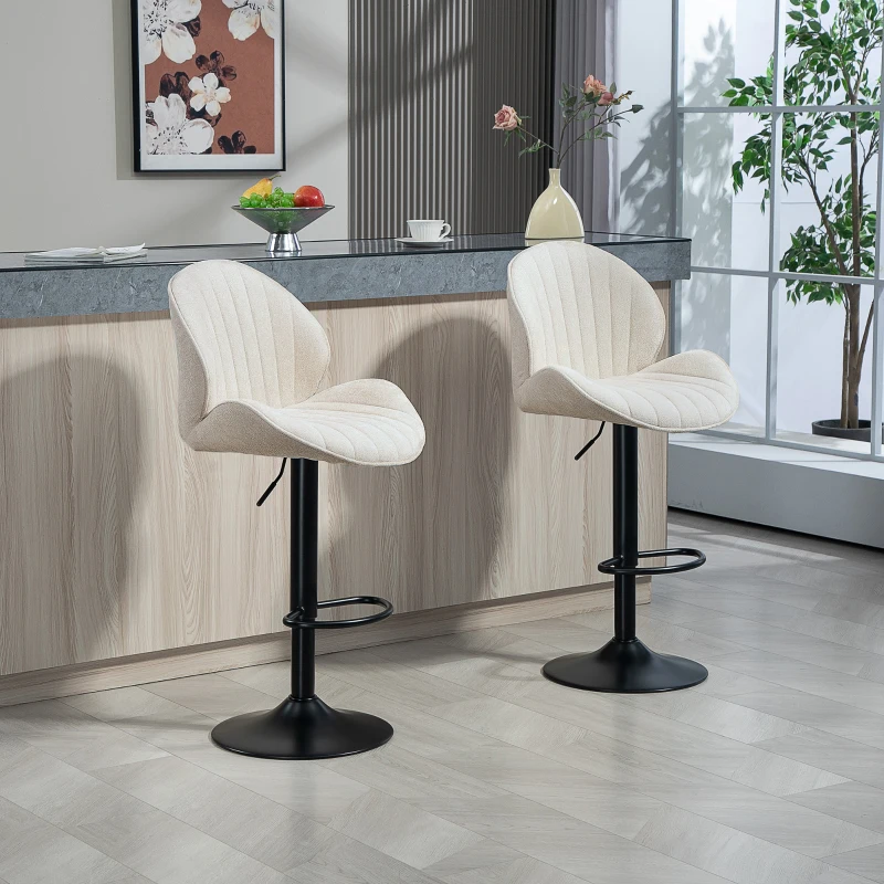 HOMCOM Set 2 Scaune de Bar tip Scoică cu Suport pentru Picioare, din Material Textil cu Efect de Catifea, 48x50x94-115 cm, Negru și Bej