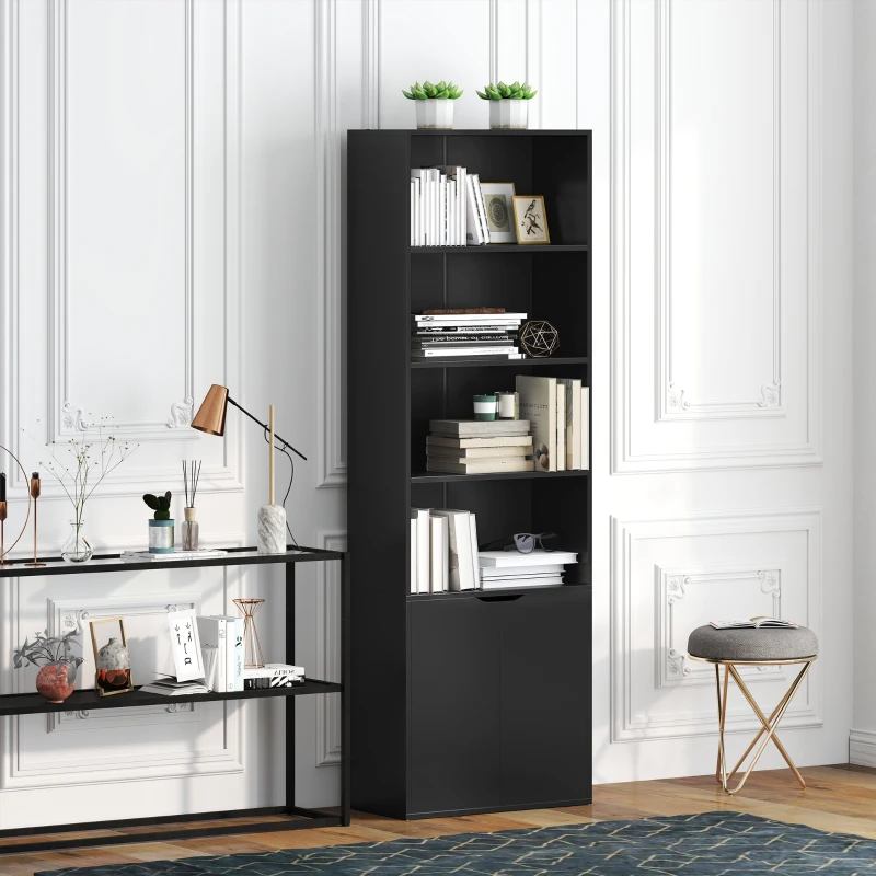 HOMCOM Estantería para Libros de 6 Niveles Librería con Puertas 4 Estantes Abiertos para Salón Estudio 59x29x180 cm Negro