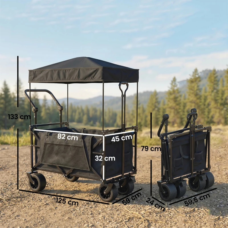 Outsunny Carro de Jardín Plegable con Ruedas Grandes Bloqueables Barra Ajustable Portavasos para Campaña 125x59x133 cm Negro