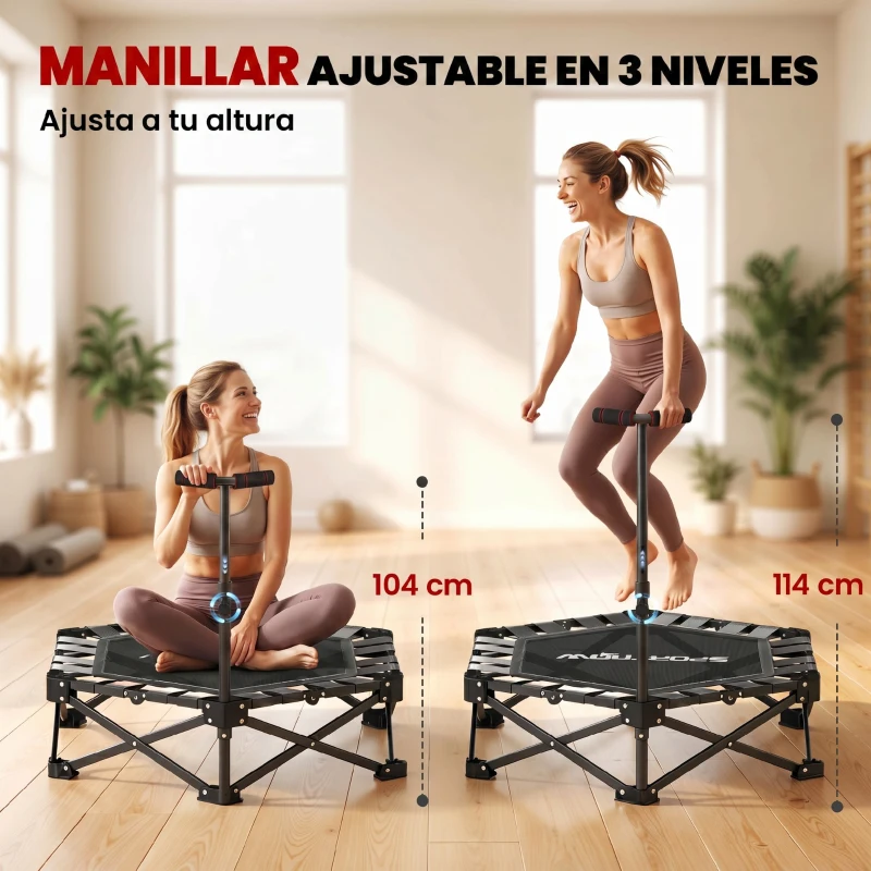 SPORTNOW Trampolín de Fitness Plegable 104 cm con Barra Ajustable en 3 Alturas Marco Metálico Reforzado y Bolsa 104x104x114 cm