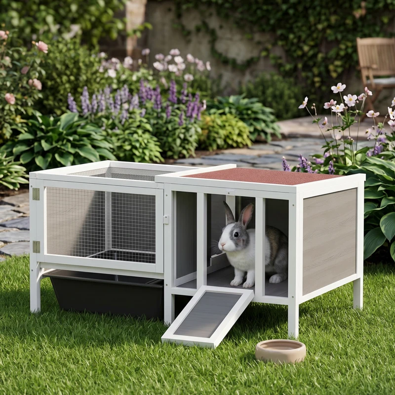 PawHut Conigliera da Esterno con Casetta, Area di Corsa e Vassoio, in Legno, Metallo e PET, 105x57.5x51.5 cm, Grigio