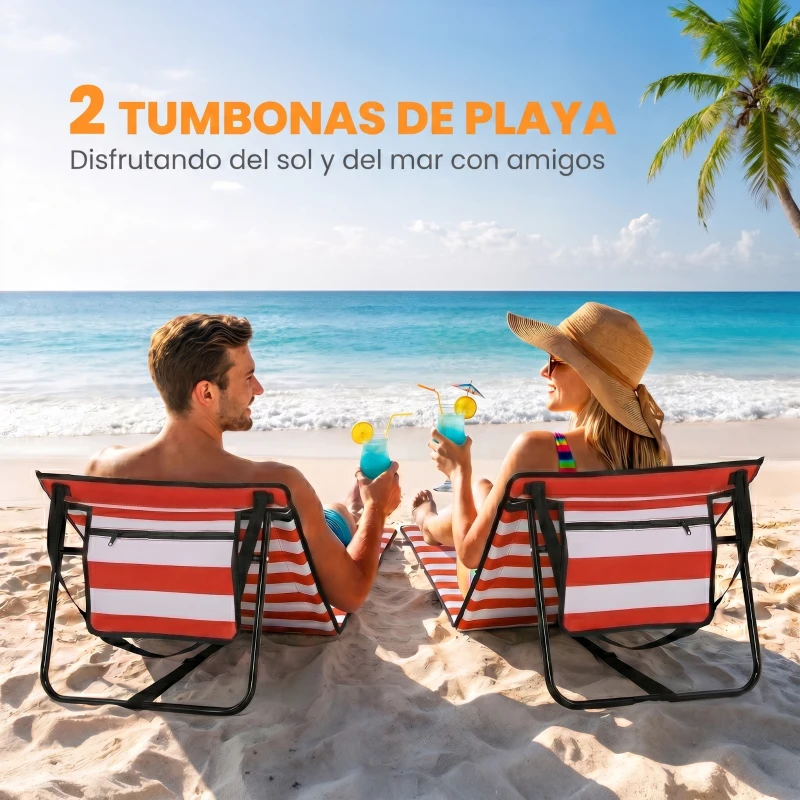 Outsunny Conjunto de 2 Esterillas de Playa Plegable con Respaldo Reclinable y Correa de Transporte 142x51x40 cm Rojo y Blanco