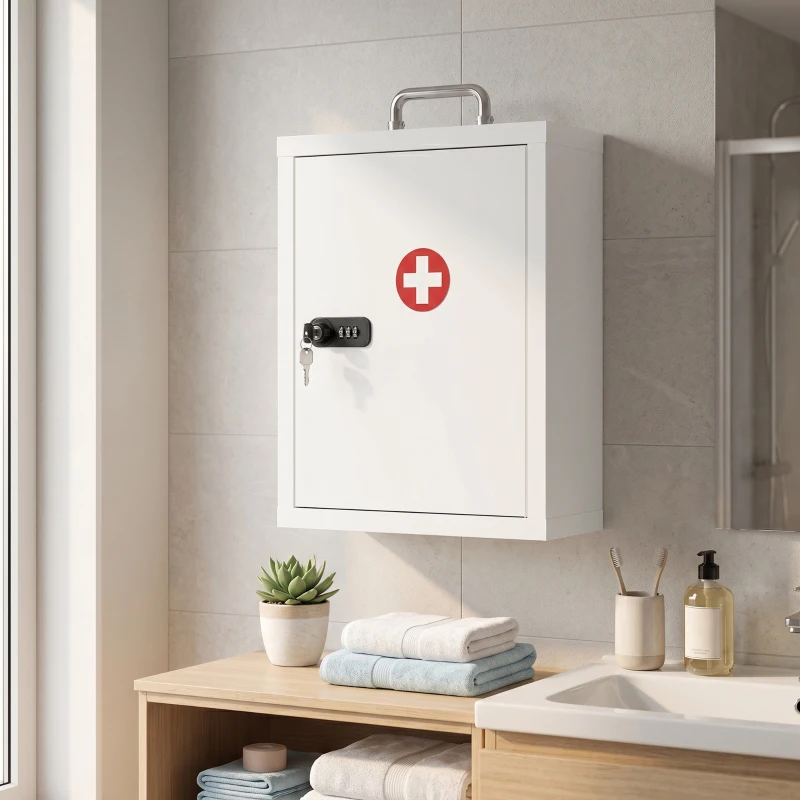 HOMCOM Wall Mount Medicine Cabinet with Combination and Key Lock, 3 Tier Steel First Aid Cabinet, White