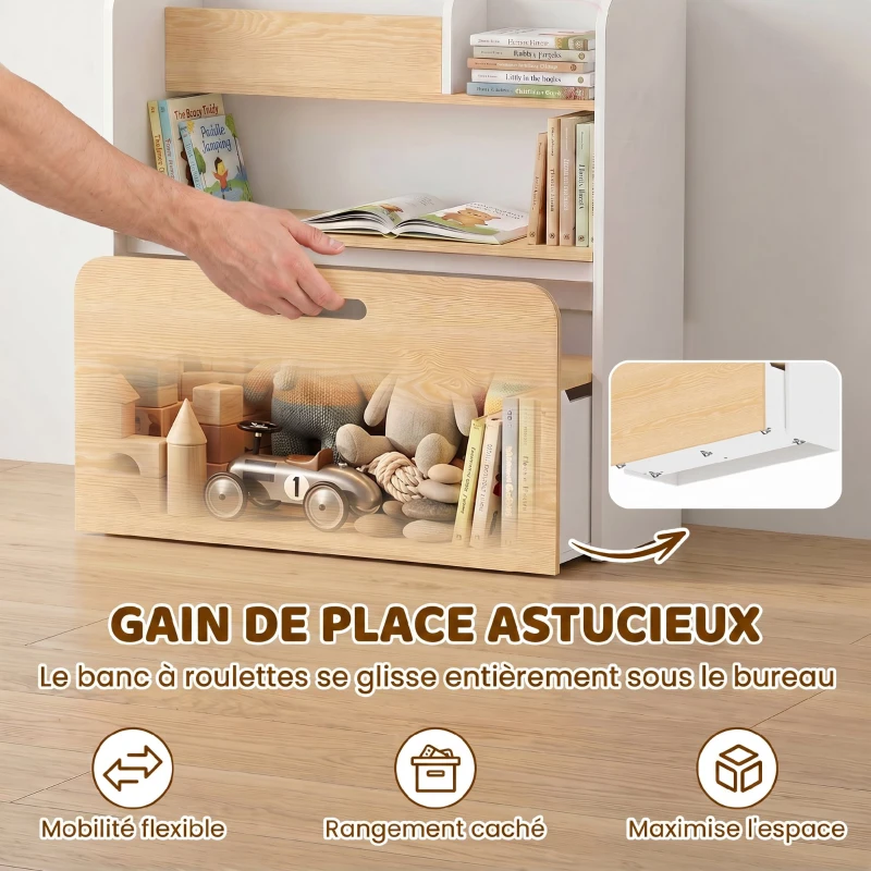 AIYAPLAY Bureau et Chaise pour Enfant 5 en 1 avec Bibliothèque et Banc Coffre à Roulettes, pour 3 à 8 Ans, Blanc