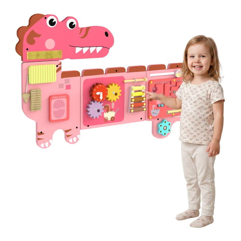 AIYAPLAY Busy Board Panels, Wall Mounted Montessori Inspired Busy Board, Toddler Learning Centre Dinosaur Theme, Pink