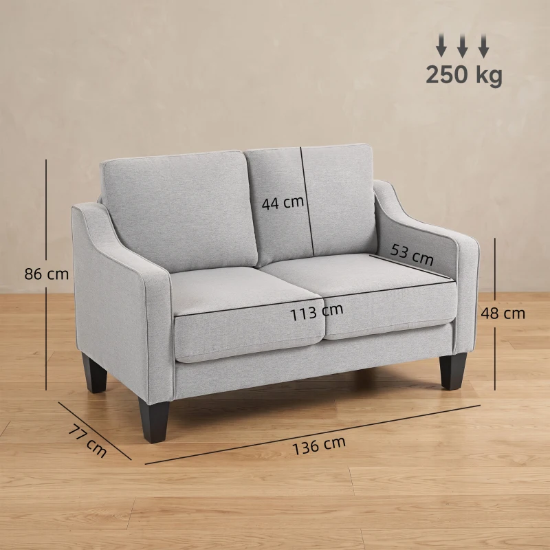 HOMCOM Canapea modernă cu 2 locuri, compactă, din țesătură cu efect de in, 136x77x86 cm, gri deschis