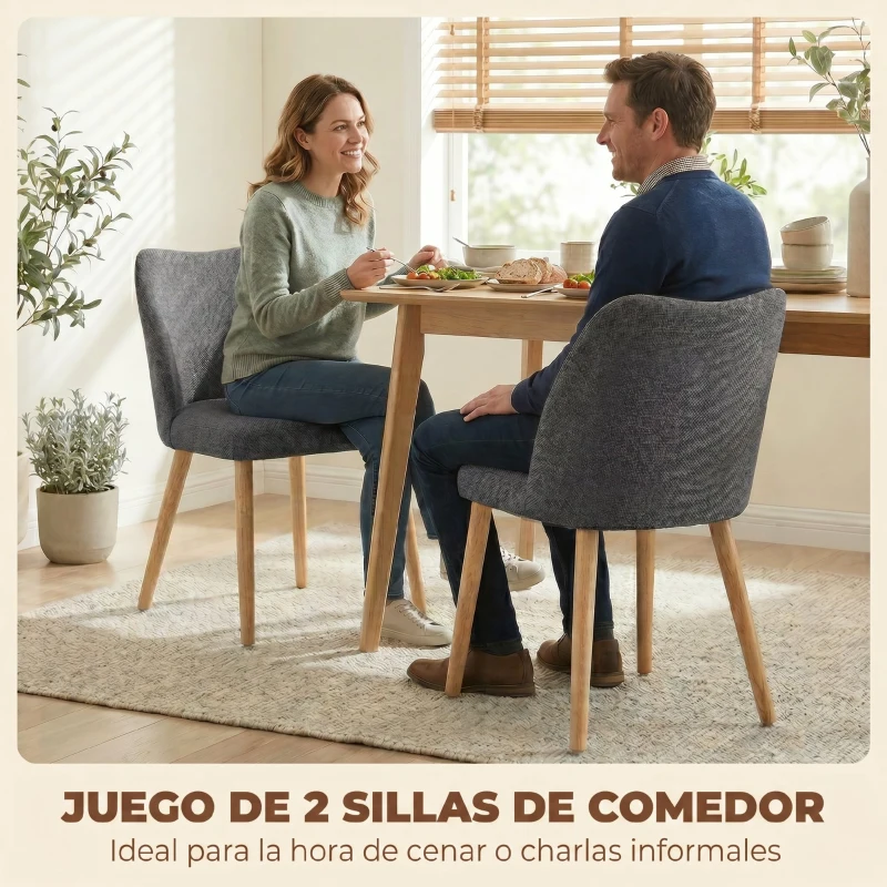 HOMCOM Pack de 2 Sillas de Cocina Nórdicas Tapizadas de Lino Respaldo Curvo Asiento Acolchado Patas de Madera Gris Claro