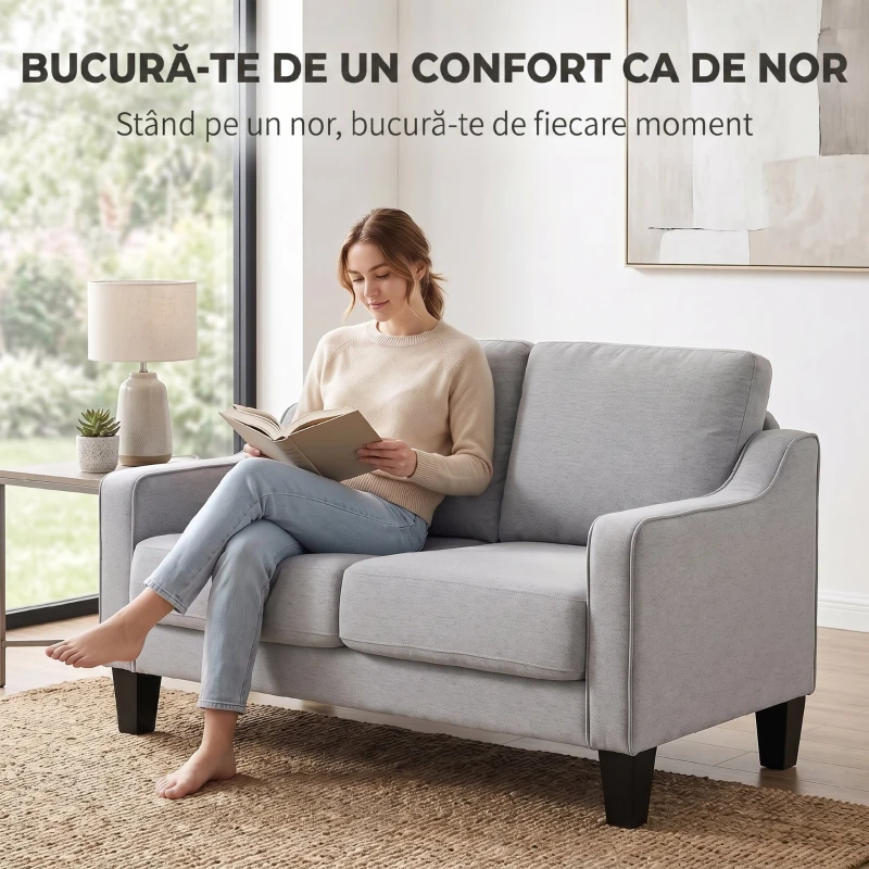 HOMCOM Canapea modernă cu 2 locuri, compactă, din țesătură cu efect de in, 136x77x86 cm, gri deschis